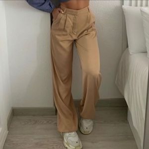 NWT Zara Wide Leg Pleated Pants Neutral Taupe size S